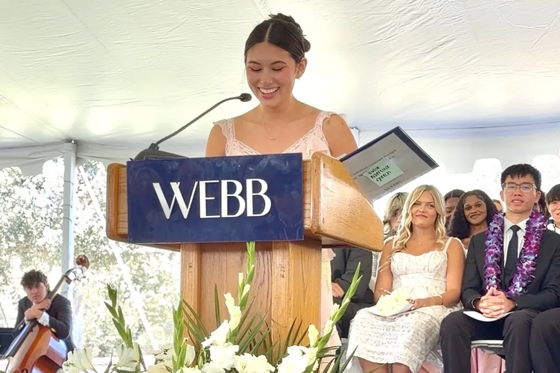A Carden alumna delivering the valedictorian address at The Webb Schools